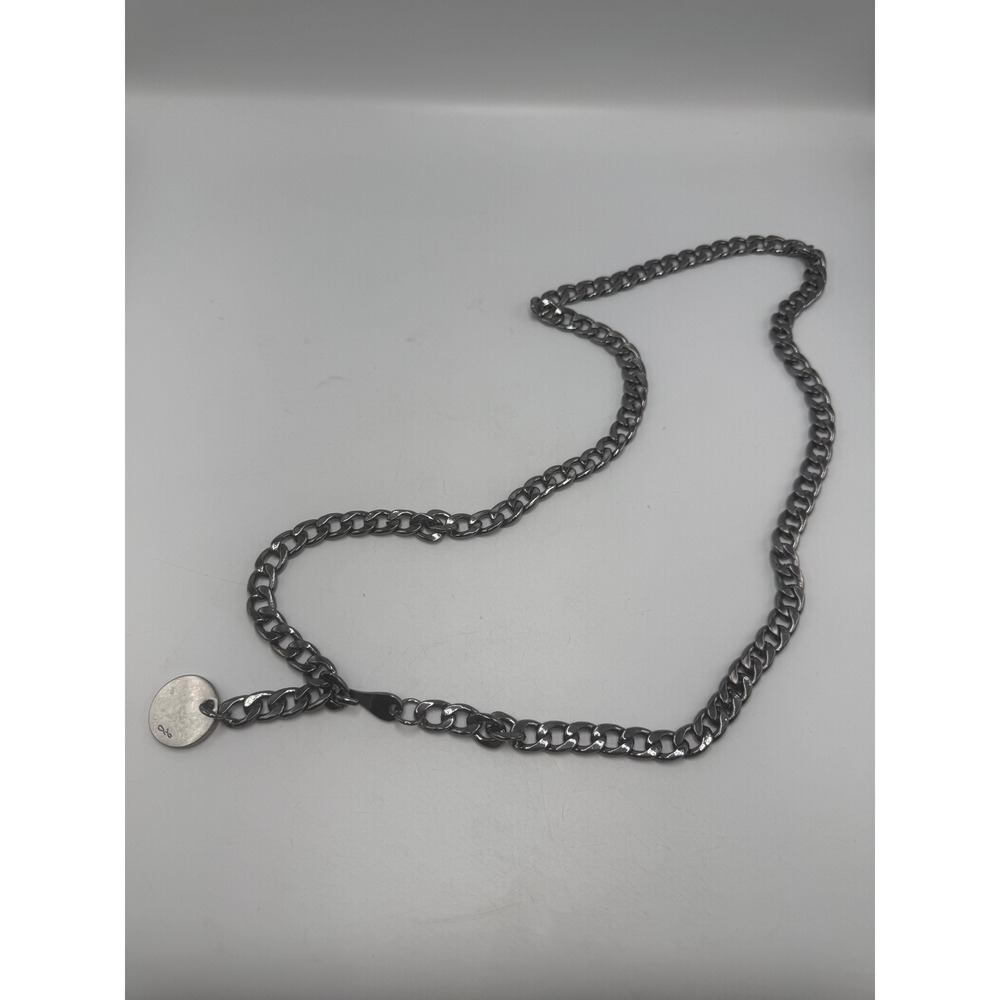 Gunmetal Curb Chain Necklace with Logo Disc Charm 42‎ Inch Long Statement Link
